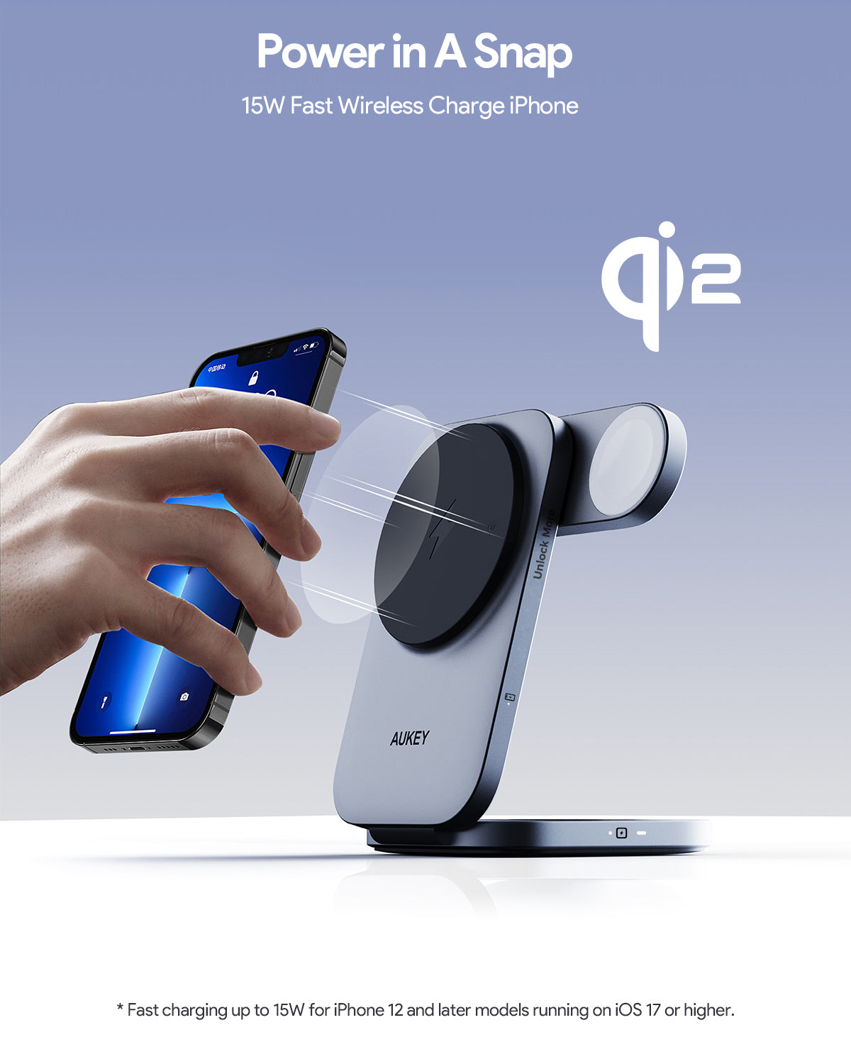 Aukey Wireless Charger Dock 3in1 Holder Qi2.2 Magnetic Fast Charging 25W MagSafe Iphone Samsung Iwatch Airpods Storng Magneti Mount Adjustable - LC-MC312P