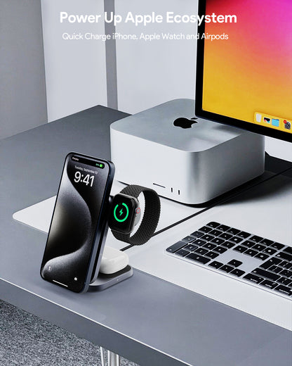 Aukey Wireless Charger Dock 3in1 Holder Qi2.2 Magnetic Fast Charging 25W MagSafe Iphone Samsung Iwatch Airpods Storng Magneti Mount Adjustable - LC-MC312P