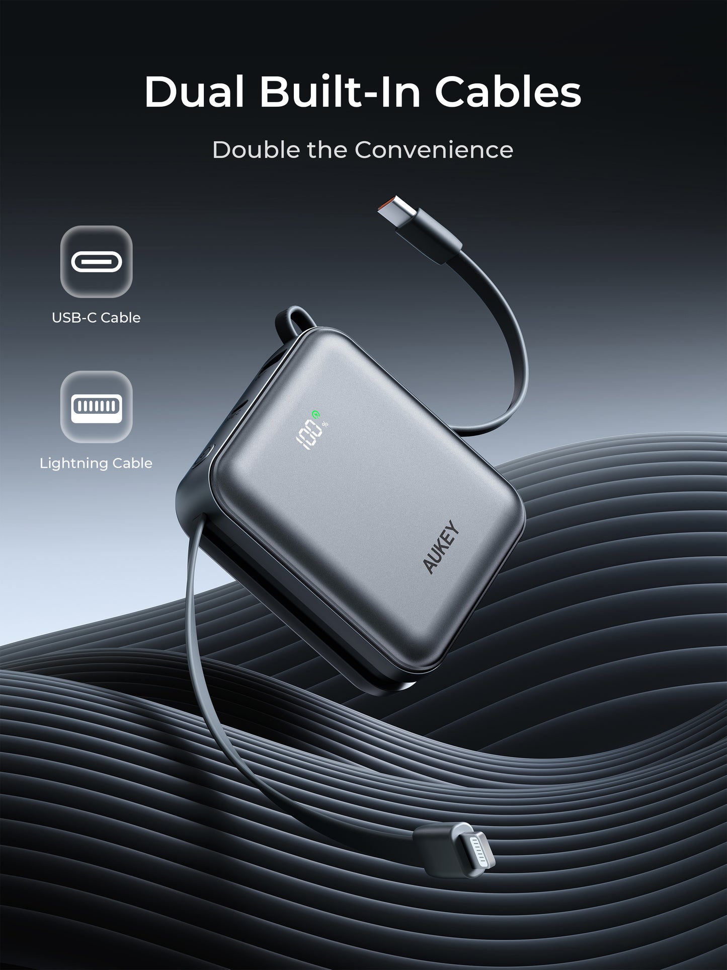 Aukey Power Bank 10000 mAh CCC Bulit in Cable Type C Lightning 22.5W LED Display Powerbank Fast Charging Samsung Iphone - PB-Y91L