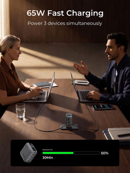 Aukey Charger 65W USB & Type C 3 Port Fast Charging Adaptor Smart Display GaN Technology Samsung Iphone - PA-B8U