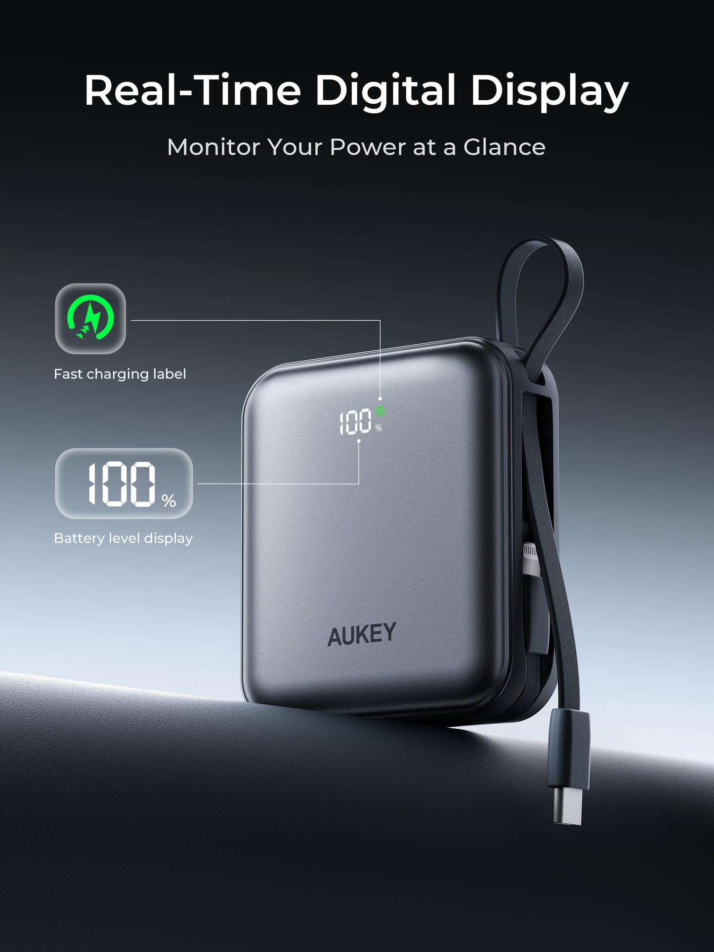 Aukey Power Bank 10000 mAh CCC Bulit in Cable Type C Lightning 22.5W LED Display Powerbank Fast Charging Samsung Iphone - PB-Y91L