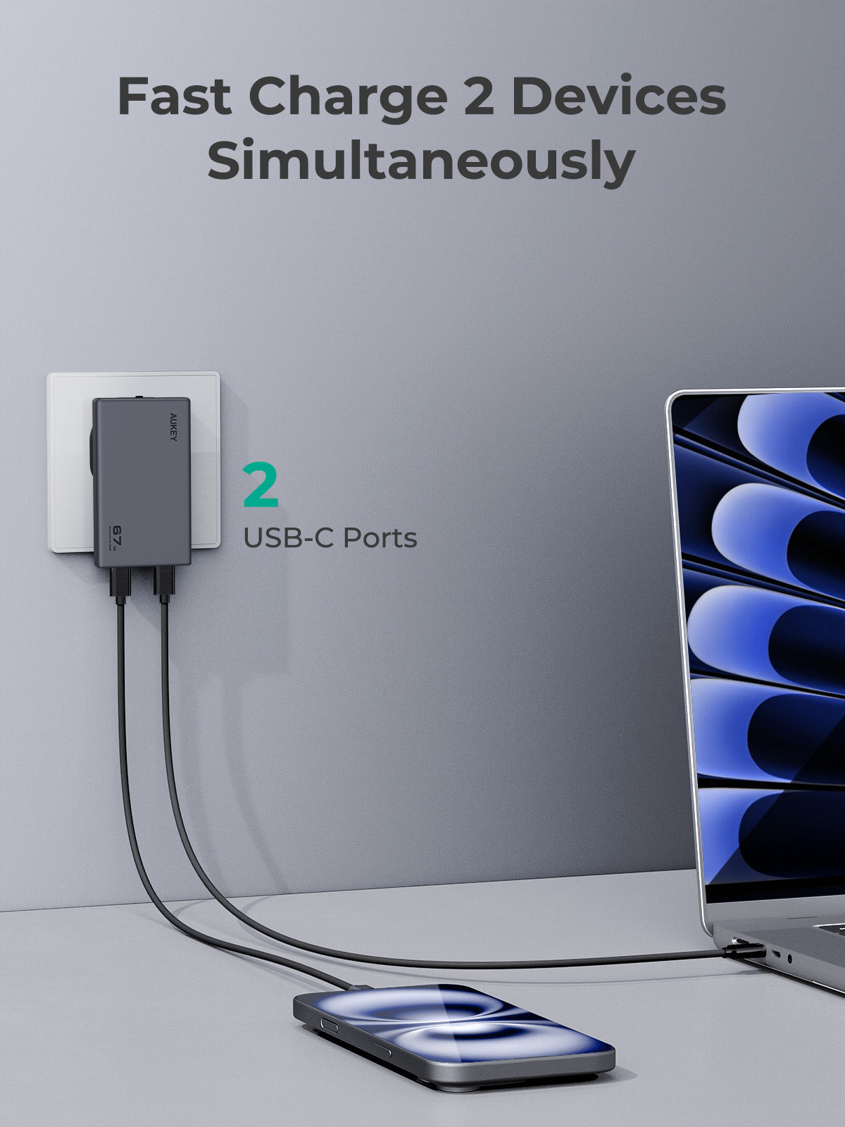 Aukey Charger 67W Type C Slim Adaptor 2 Port Fast Charging PD GaN Technology Samsung Iphone - PA-C4