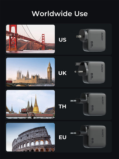 Aukey Charger 65W USB & Type C 3 Port Fast Charging Adaptor Smart Display GaN Technology Samsung Iphone - PA-B8U
