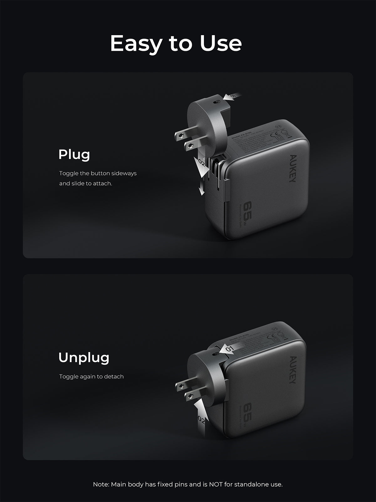 Aukey Charger 65W USB & Type C 3 Port Fast Charging Adaptor Smart Display GaN Technology Samsung Iphone - PA-B8U