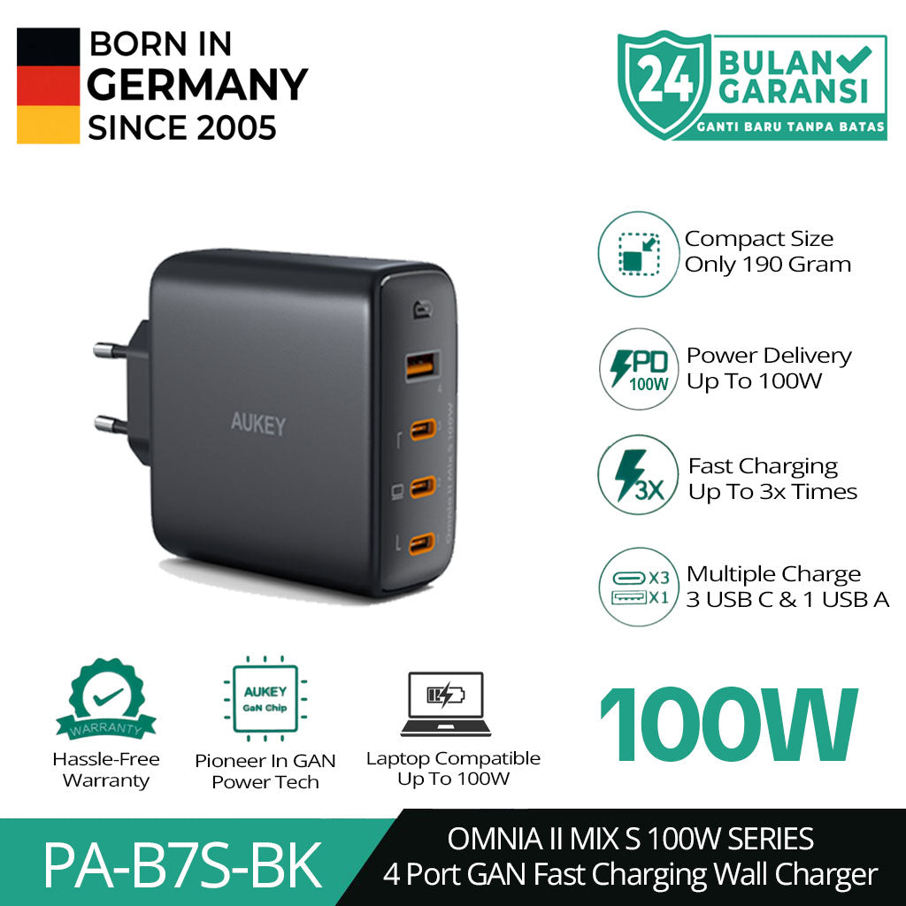 AUKEY Charger Multi Port Type C 100W GAN PD Fast Charging PA-B7S Black