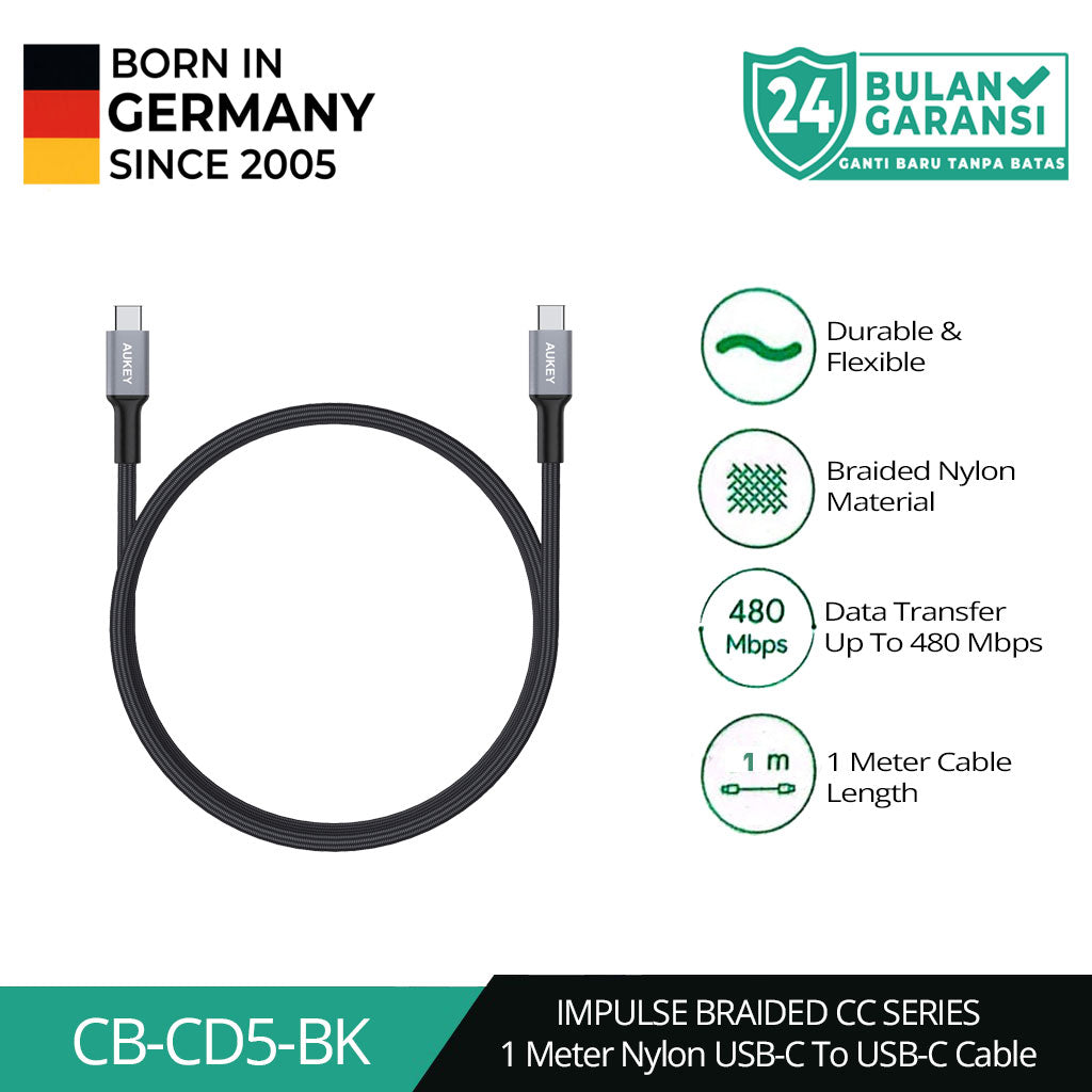 AUKEY Kabel Charger USB C to USB-C 3A Fast Charging Braided Nylon 1M CB-CD5
