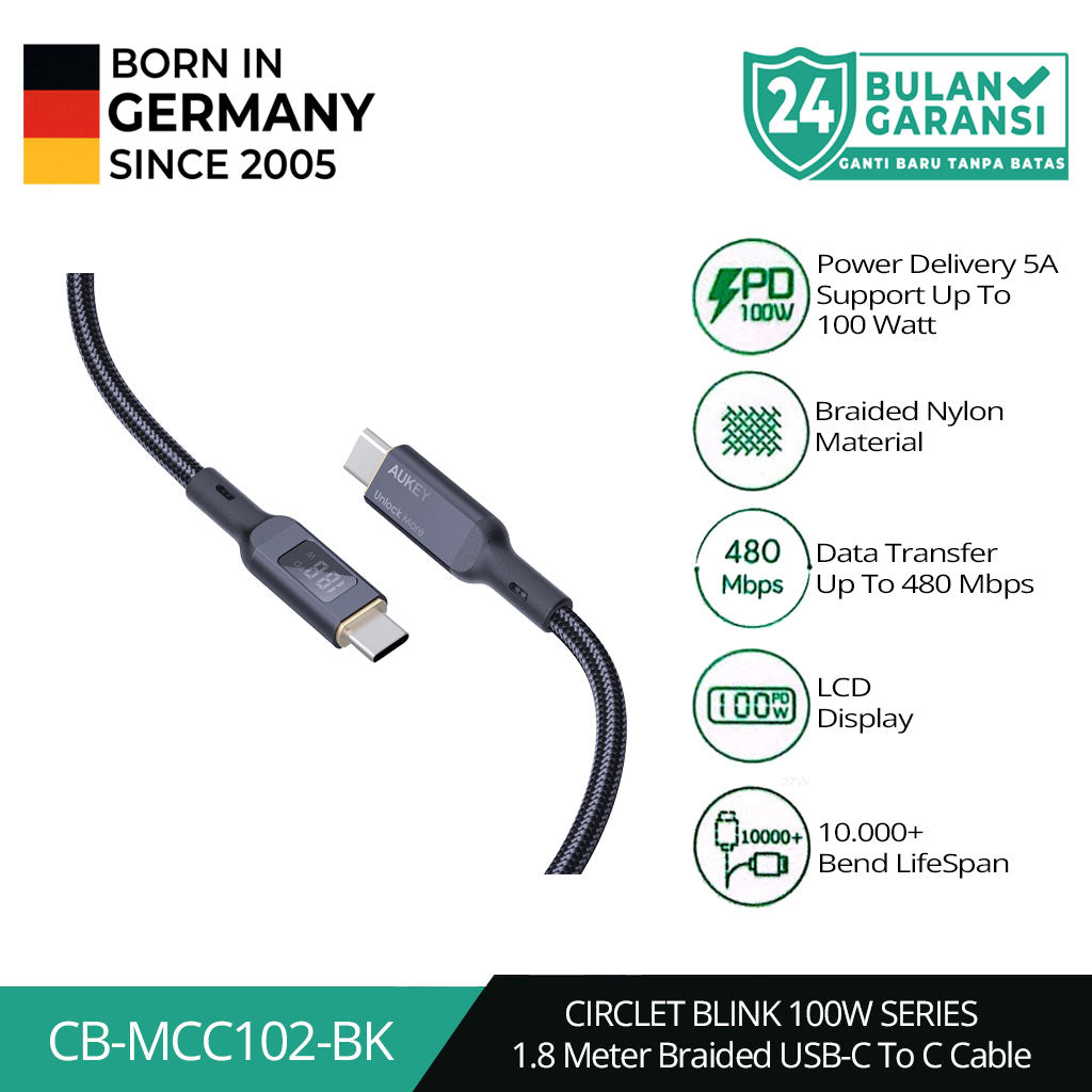 Kabel Charger AUKEY Tipe C Ke C CB-MCC102 Layar LED Hitam 1,8M 5A