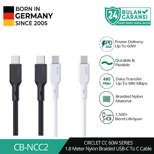 AUKEY Kabel Charger USB-C ke USB-C Pengisian Cepat 3A Hingga 60W Nilon Jalinan 1,8M CB-NCC2