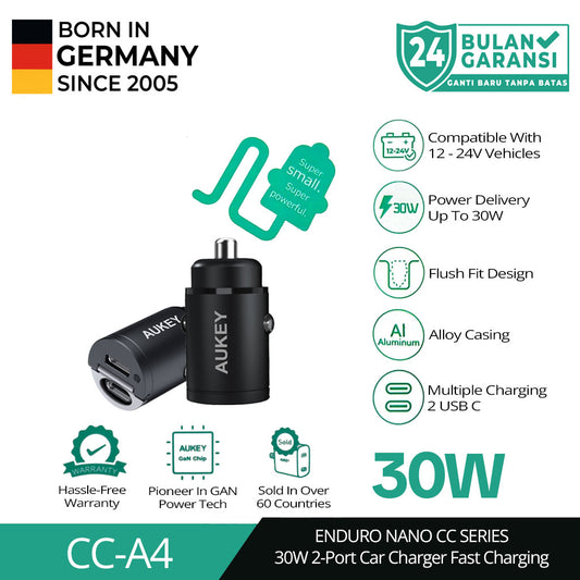 AUKEY Car Charger 30W Dual Port USB C PD 3.0 CC-A4