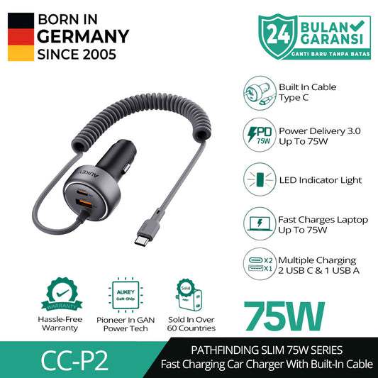 Pengisi Daya Mobil AUKEY 75W Kabel Terintegrasi USB C PD 3.0 QC 3.0 Multi Port PathFinder Sling CC-P2