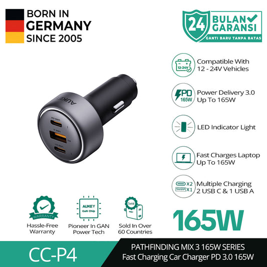 AUKEY Car Charger 165W USB C & USB A PD 3.0 QC 3.0 Multi Port PathFinder Mix 3Series CC-P4