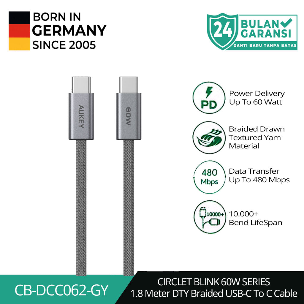 AUKEY Kabel Charger DTY Braided USB C To C Fast Charging Up To 60W 1 Meter & 1.8 Meter CB-DCC061 & CB-DCC062
