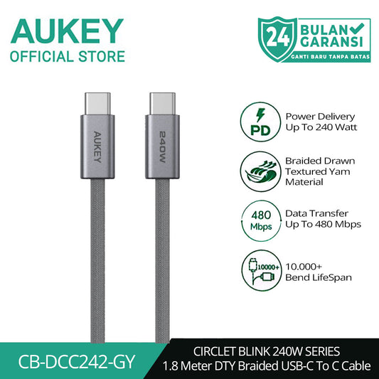 AUKEY Kabel Charger DTY Braided USB C To C Fast Charging Up To 240W 1 Meter & 1.8 Meter CB-DCC241 & CB-DCC242