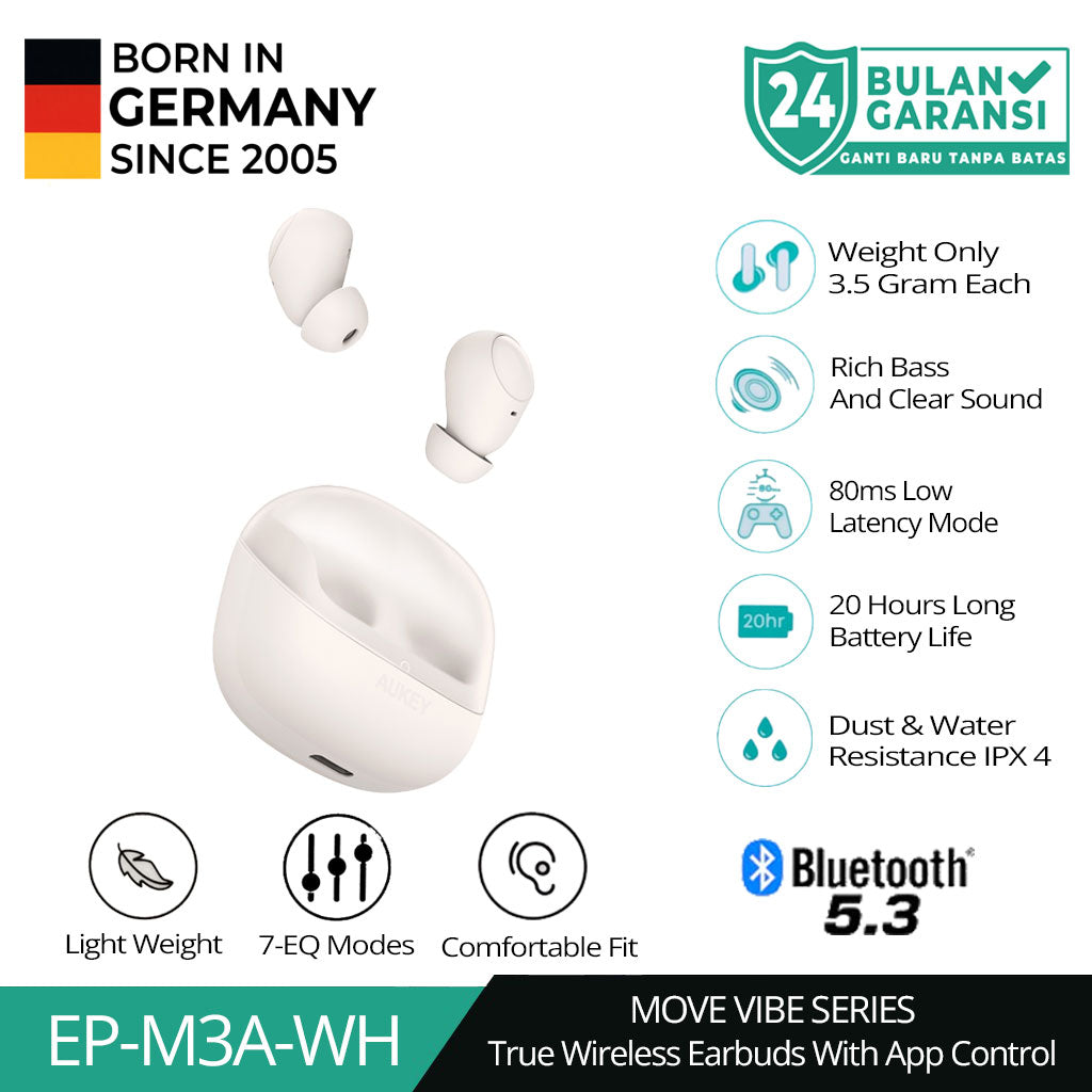 AUKEY TWS Bluetooth Move Vibe Series True Wireless Earbuds IPX4 EP-M3A White