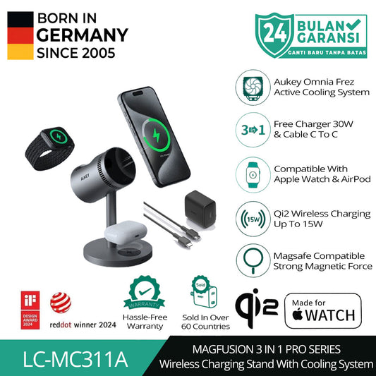 Pengisi Daya Nirkabel Magnetik AUKEY 15W 3 In 1 MFI MagFusion 3 In 1 Pro SeriesLC-MC311A