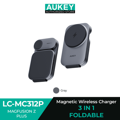 Aukey Wireless Charger Dock 3in1 Holder Qi2.2 Magnetic Fast Charging 25W MagSafe Iphone Samsung Iwatch Airpods Storng Magneti Mount Adjustable - LC-MC312P