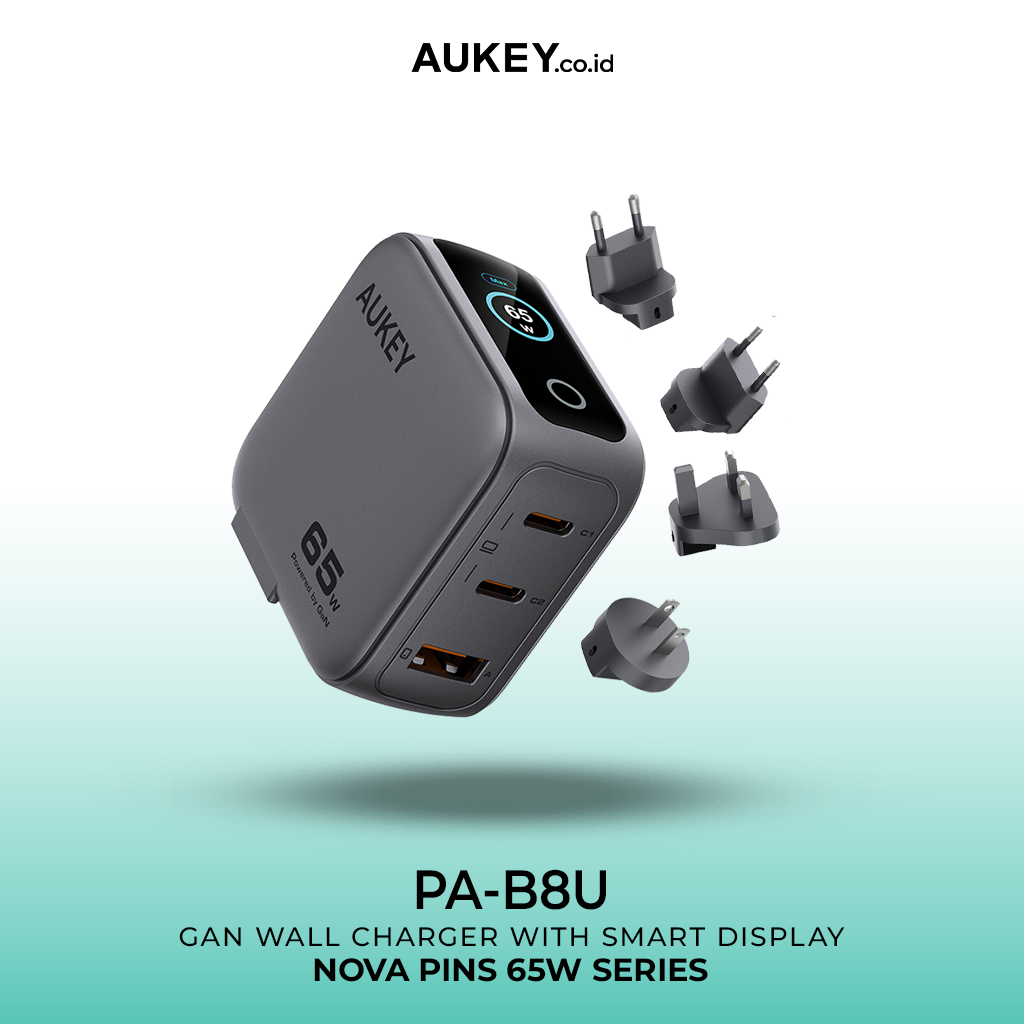 Aukey Charger 65W USB & Type C 3 Port Fast Charging Adaptor Smart Display GaN Technology Samsung Iphone - PA-B8U