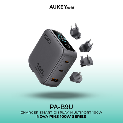 Aukey Charger 100W USB & Type C 3 Port Smart Display Fast Charging GaN Technology Samsung Iphone EU US UK AU World Plug - PA-B9U