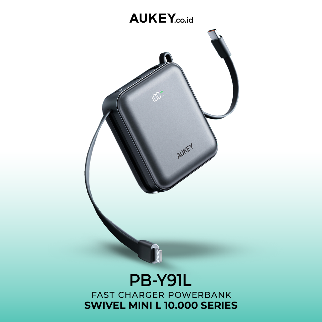 Aukey Power Bank 10000 mAh CCC Bulit in Cable Type C Lightning 22.5W LED Display Powerbank Fast Charging Samsung Iphone - PB-Y91L