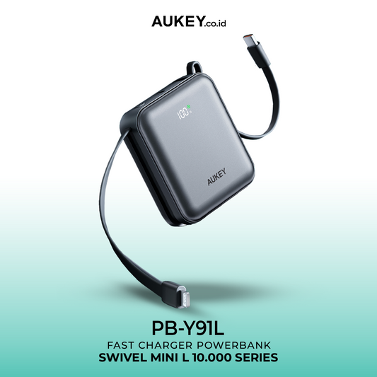 Aukey Power Bank 10000 mAh CCC Bulit in Cable Type C Lightning 22.5W LED Display Powerbank Fast Charging Samsung Iphone - PB-Y91L
