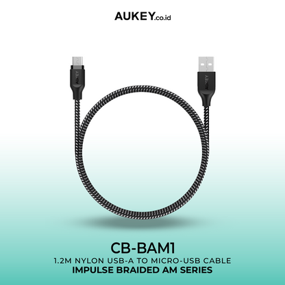 Kabel Charger AUKEY USB A Ke Micro Braided Nylon CB-BAM Hitam 2.4A - 1.2 Meter