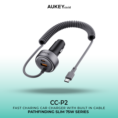 Pengisi Daya Mobil AUKEY 75W Kabel Terintegrasi USB C PD 3.0 QC 3.0 Multi Port PathFinder Sling CC-P2