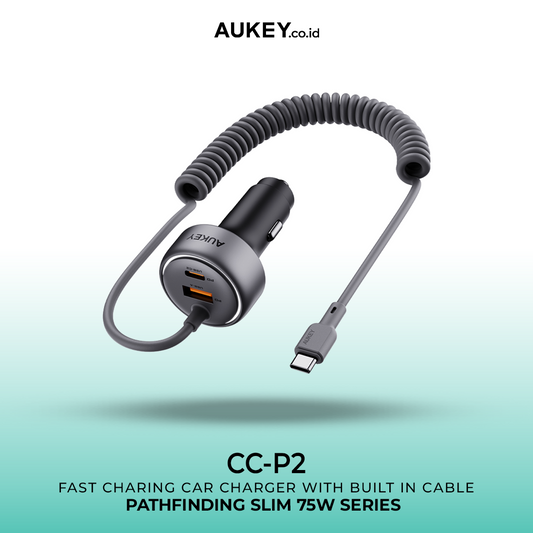 AUKEY Car Charger 75W Built In Cable USB C PD 3.0 QC 3.0 Multi Port PathFinder Sling CC-P2