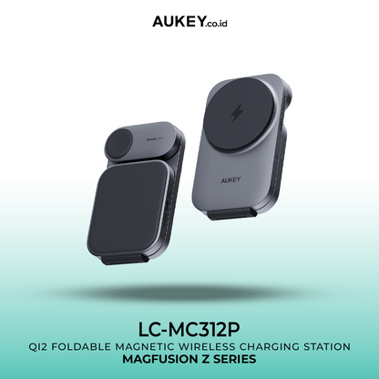 Aukey Wireless Charger Dock 3in1 Holder Qi2.2 Magnetic Fast Charging 25W MagSafe Iphone Samsung Iwatch Airpods Storng Magneti Mount Adjustable - LC-MC312P