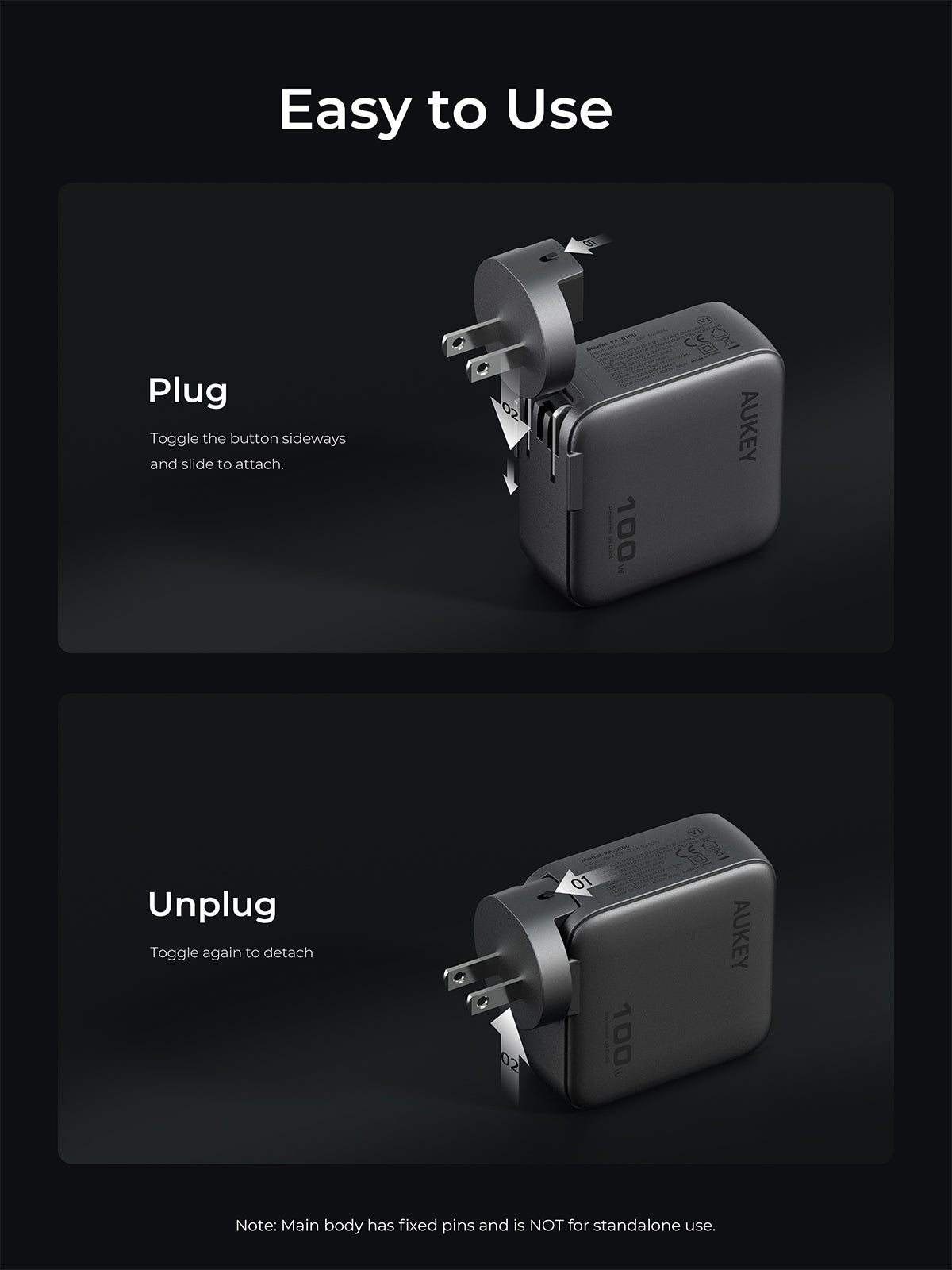 Aukey Charger 100W USB & Type C 3 Port Smart Display Fast Charging GaN Technology Samsung Iphone EU US UK AU World Plug - PA-B9U