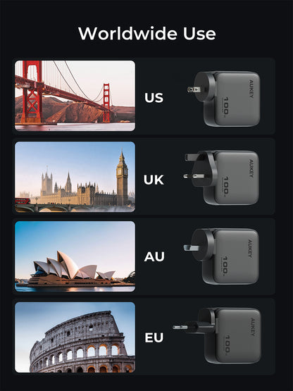 Aukey Charger 100W USB & Type C 3 Port Smart Display Fast Charging GaN Technology Samsung Iphone EU US UK AU World Plug - PA-B9U
