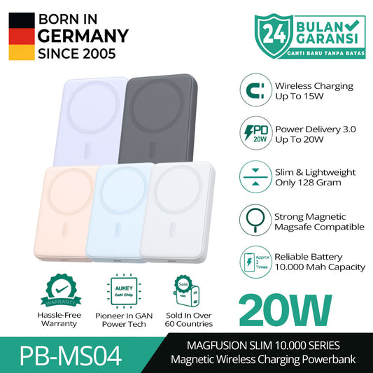 AUKEY Magnetic Wireless Powerbank Magsafe 10000mah USB-C 20W PD 3.0 MagFusion 10000 Series PB-MS04