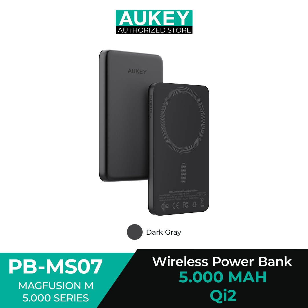 Aukey Power Bank Super Slim 5000 mAh Qi2 Magnetic Wireless Powerbank 20W MagSafe Samsung Iphone Pengisian Cepat Magnet Kuat Alumunium - PB-MS07