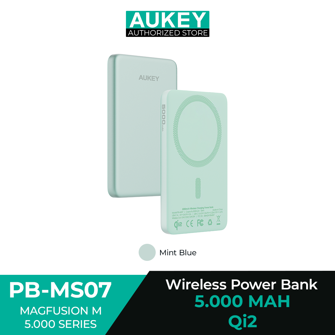 Aukey Power Bank Super Slim 5000 mAh Qi2 Magnetic Wireless Powerbank 20W MagSafe Samsung Iphone Pengisian Cepat Magnet Kuat Alumunium - PB-MS07