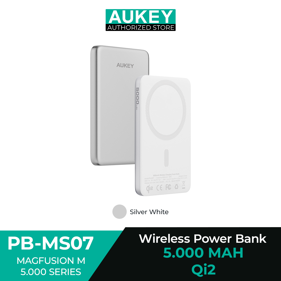 Aukey Power Bank Super Slim 5000 mAh Qi2 Magnetic Wireless Powerbank 20W MagSafe Samsung Iphone Pengisian Cepat Magnet Kuat Alumunium - PB-MS07