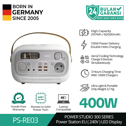 Stasiun Daya Portabel AUKEY 82.500 mAh PD QC 3.0 400W 297Wh Power Studio (240V) PS-RE03